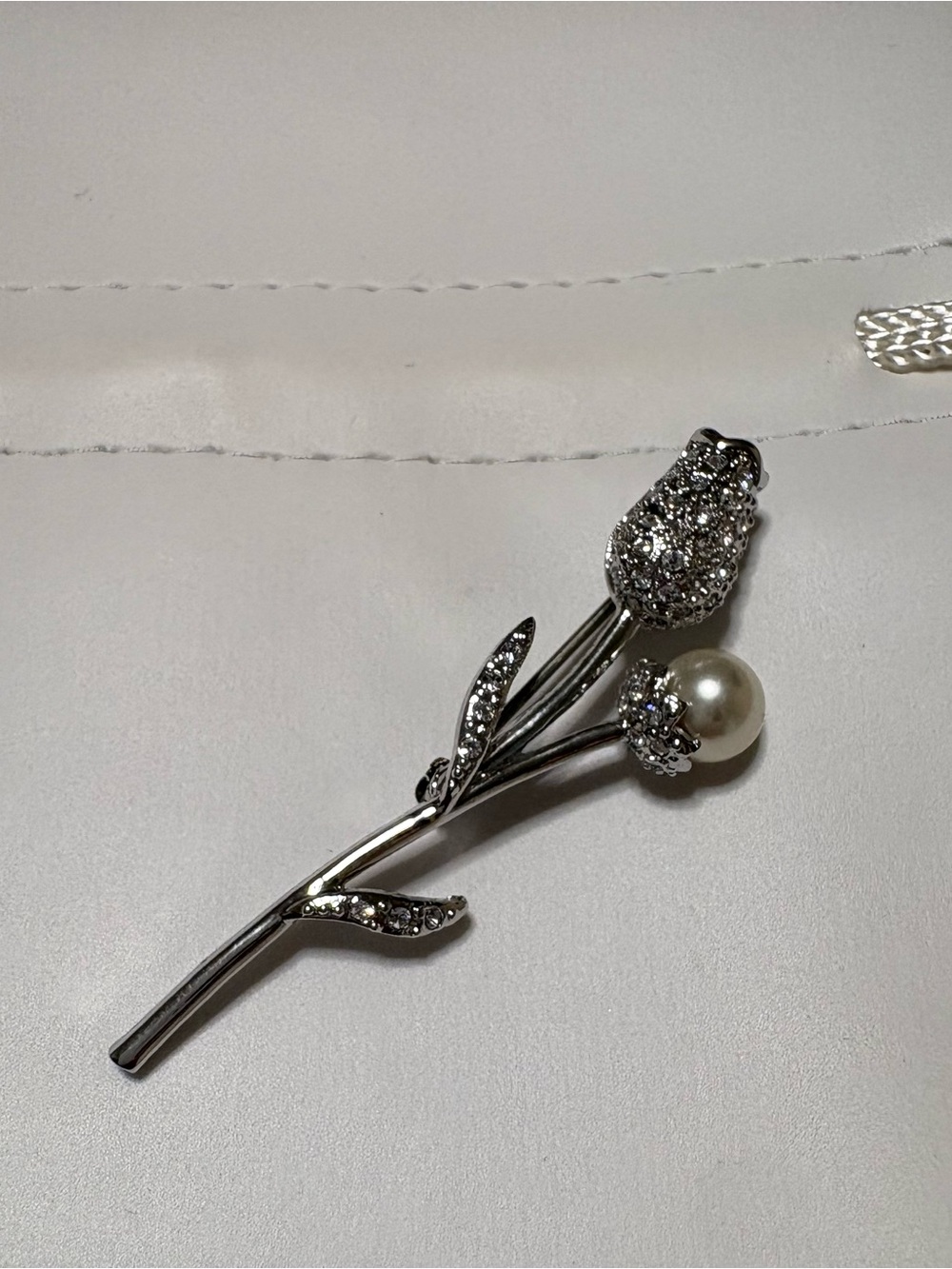 Swarovski Crystal & Pearl Silver Flower Stem Brooch